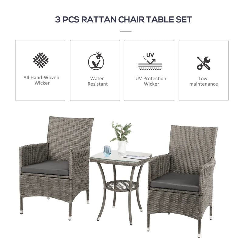 Grey Rattan Bistro Set For Balcony - Table and Chairs