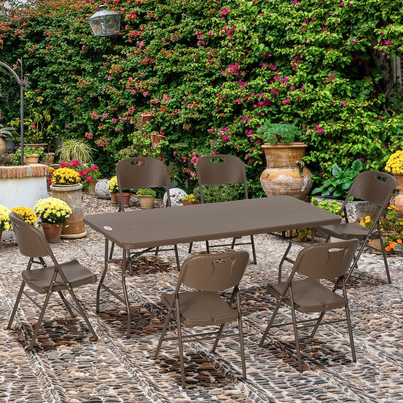 6 Seater Garden Dining Set - Rattan-Style HDPE Garden Furniture Set, Outdoor Dining Table and Chairs with 6 Armchairs and Rectangular Plastic Top Table for Patio