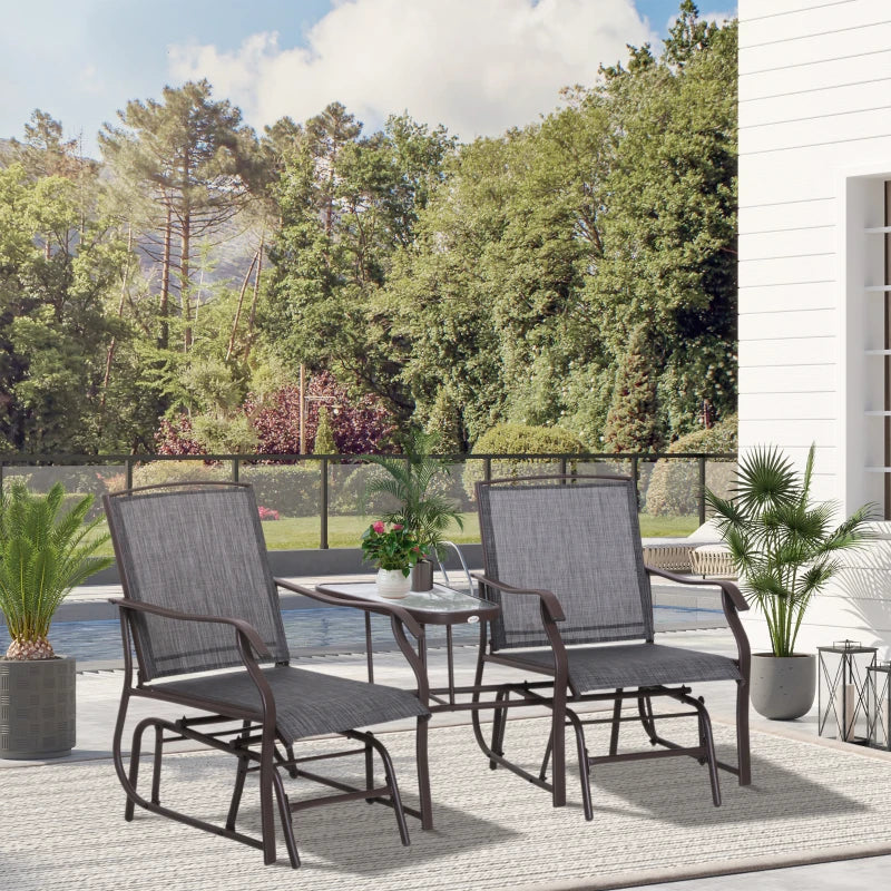Pair of Rocking Chairs with Table & Breathable Mesh Fabric Seat - Brown Frame & Grey Mesh