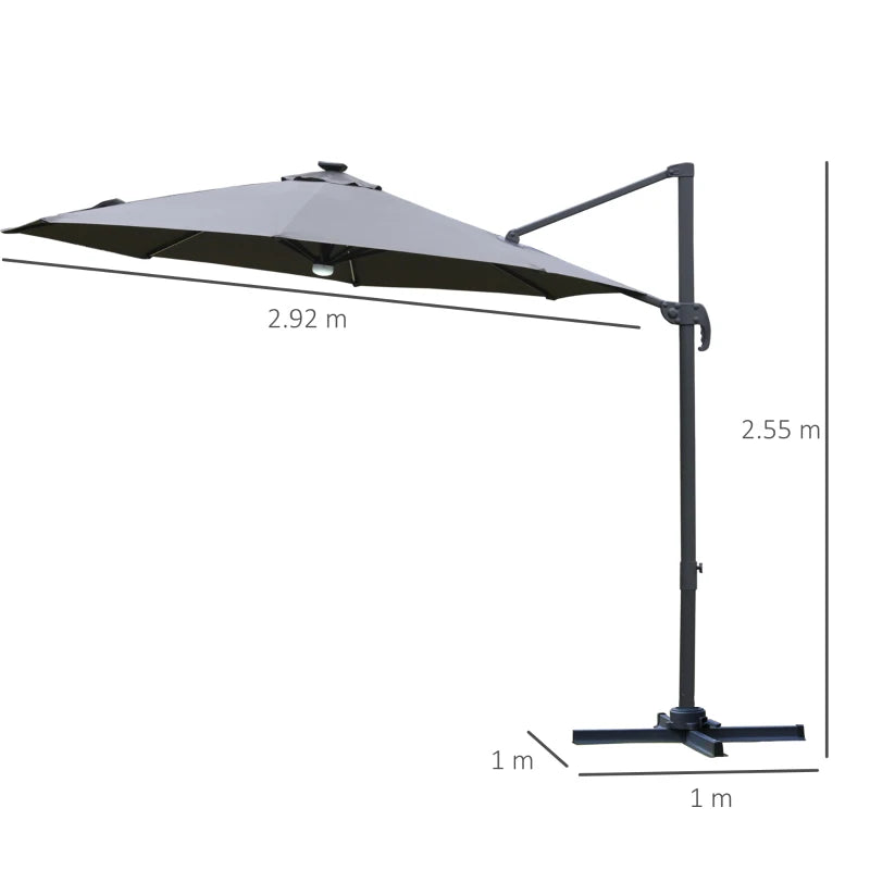2.55H x 2.92m Grey Cantilever Parasol With Solar Powered LED Lights