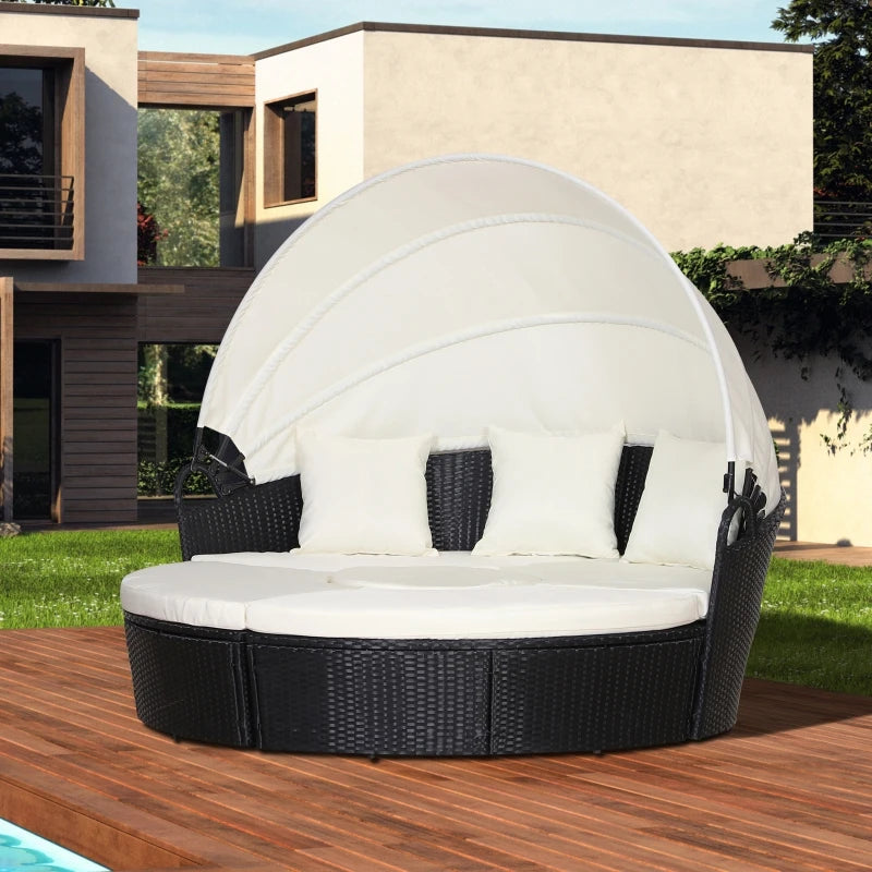 Black Five-Piece Rattan Garden Bed With Canopy And Cream Cushions