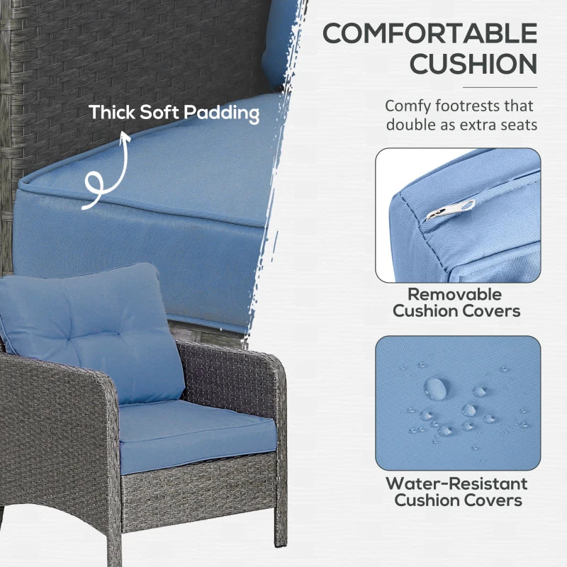 Blue 5 Piece Rattan Chair Set - 2 Armchairs & 2 Stools With Glass Top Table