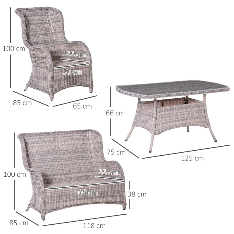 Grey 4 Seater Wicker Furniture Set - High Back Chairs with Cushions, Tempered Glass Coffee Table