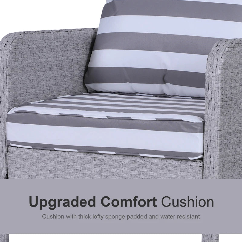 Dark Grey 5 Piece Rattan Set With 2 Armchairs, 2 Stool and Glass Top Table - Striped White & Grey Cushions