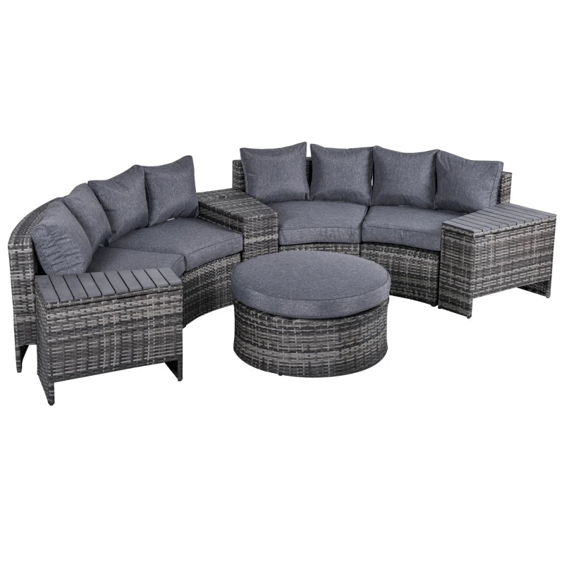 8 Piece Grey Half Round Rattan Sofa Set With 1 Umbrella Hole, Side Table and 2 Storage Tables