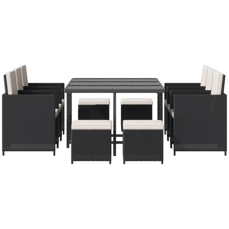 Black 11 Piece Rattan Dining Set With White Cushions