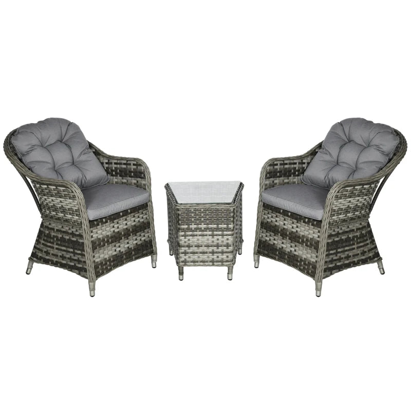 Curved Rattan Bistro Set | 2 Armchairs & Table With Cushions & Glass Tabletop