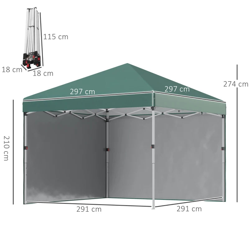 3m x 3m Green Pop Up Gazebo with 2 Sidewalls, Leg Weight Bags and Carry Bag