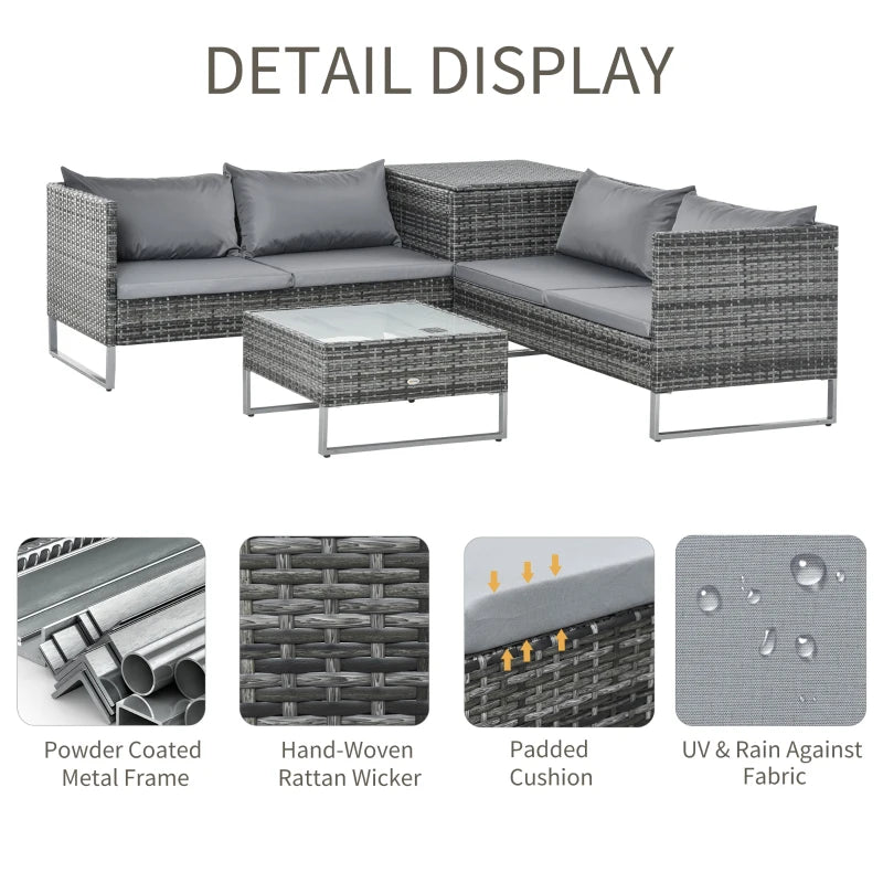 x2 Mixed Grey Rattan Sofas With Grey Cushions and Table Set with Side Storage - For Corner & Patio