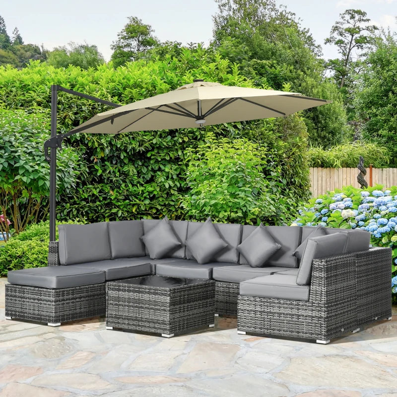 Grey 8 Piece Rattan Corner Sofa Set With Washable Cushion Covers & Tempered Glass Table