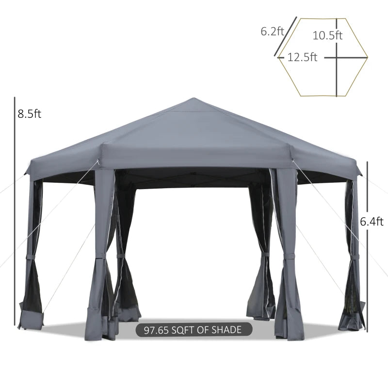 Grey 3.2m Hexagonal Pop Up Gazebo with Mesh Sidewalls