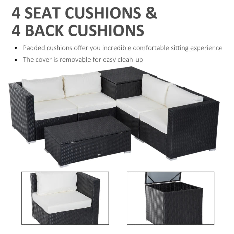 Black 4 Seater rattan Sofa With Cream Cushions And Storage Coffee Table