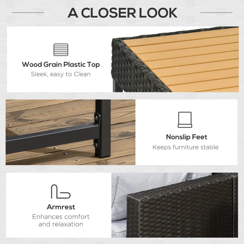 Brown 3 Seater Rattan Sofa with Cushions and Wood-Effect Top Table