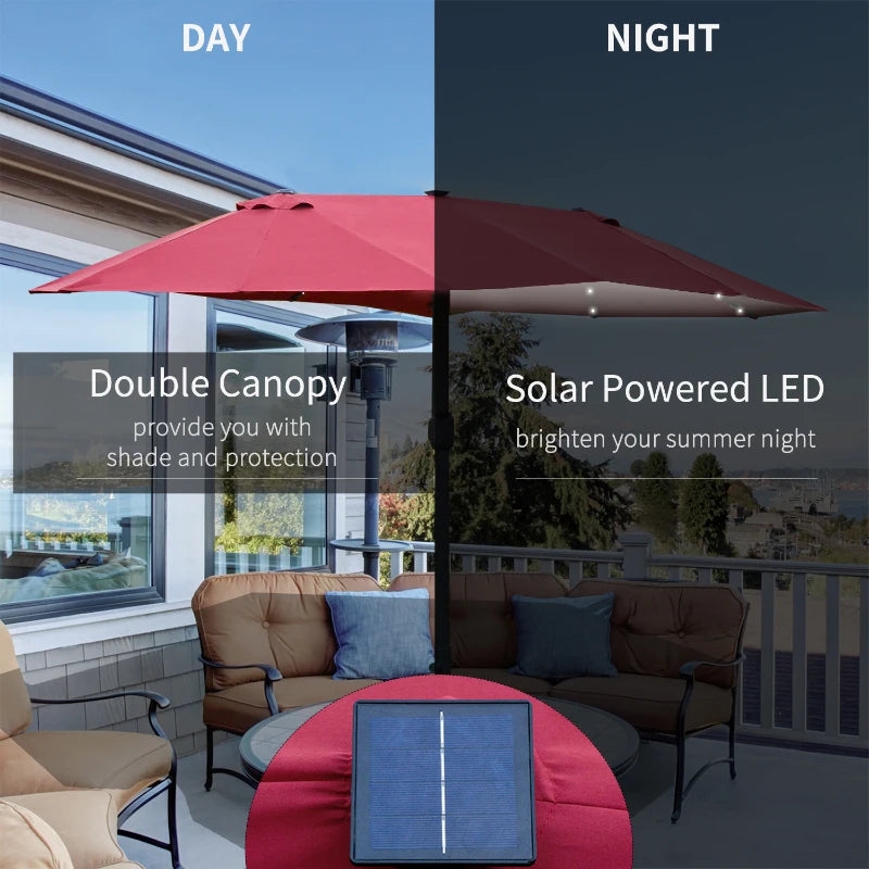 4.4m Double-Sided Sun Parasol With LED Solar Lights - Red