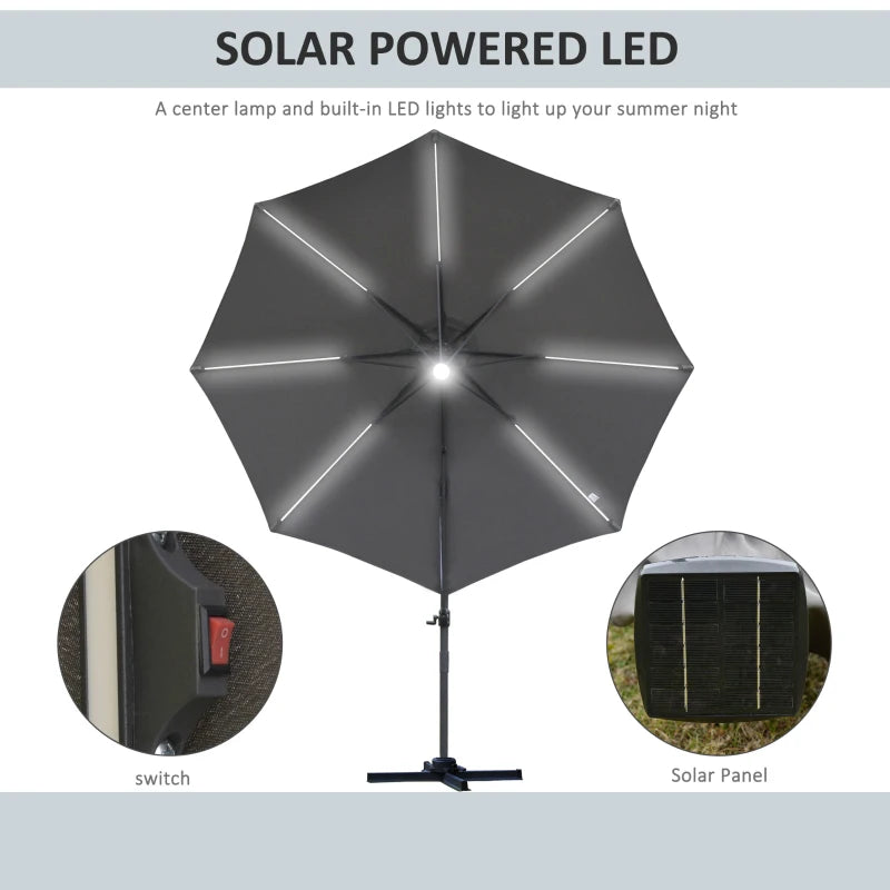 2.55H x 2.92m Grey Cantilever Parasol With Solar Powered LED Lights
