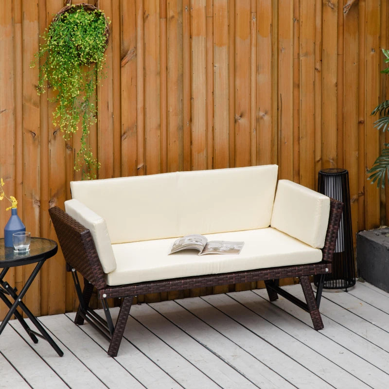 Brown 2-Seater 2-in-1 Rattan Convertible Sofa Daybed