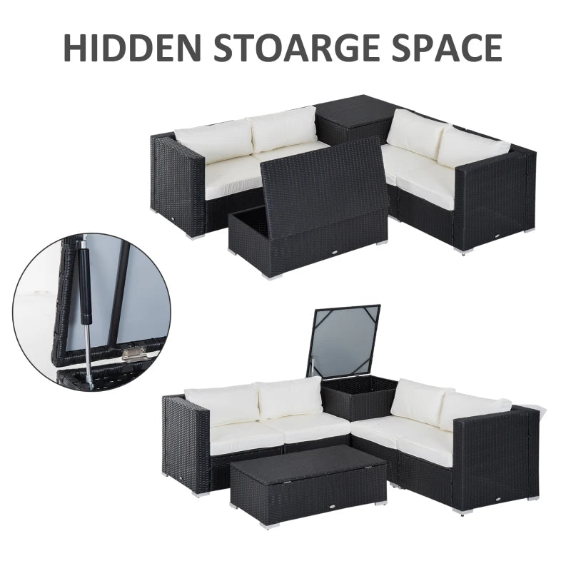 Black 4 Seater rattan Sofa With Cream Cushions And Storage Coffee Table