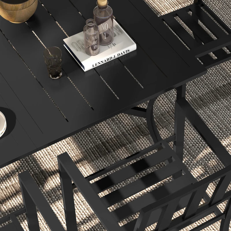 Black Metal 7 Piece Garden Dining Set With Umbrella Hole & Table Plus Stackable Chairs