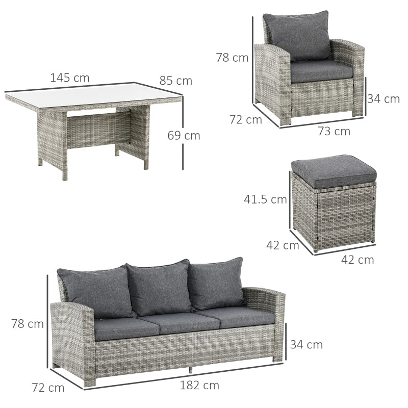 Rattan Garden Furniture Set with Three-seats, Armchairs, Footstools and Glass Top Dining Table