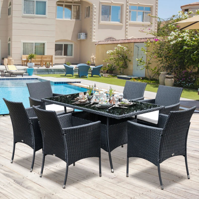 Black 6 Seater Rattan Dining Set With 6 Armchairs, Rectangular Glass Top Table, Outdoor Dining Table and Chairs