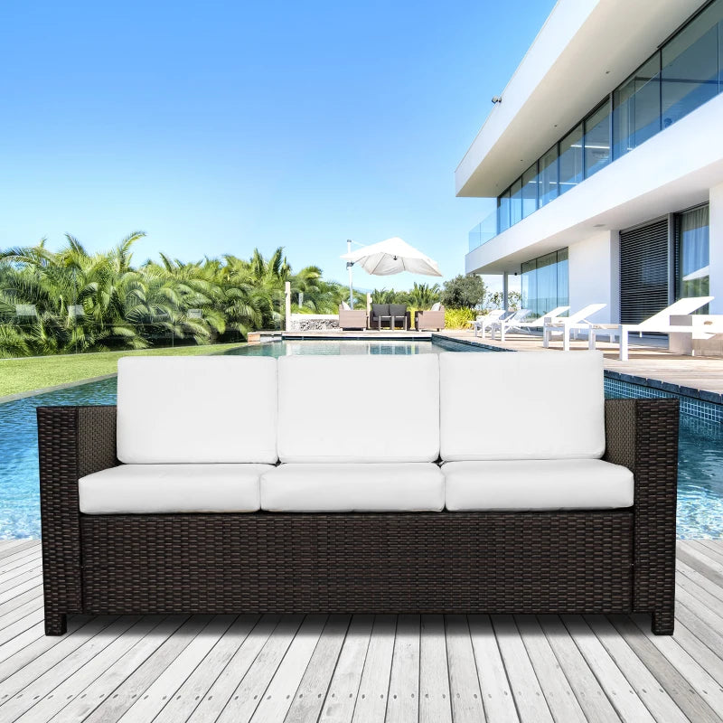 Dark Brown 3 Seater Rattan Sofa With White Cushions