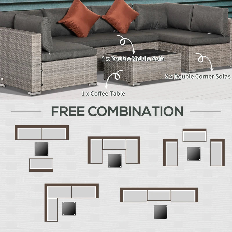 Grey Four-Piece 6 Seater Rattan Corner Sofa Set With Red Cushions