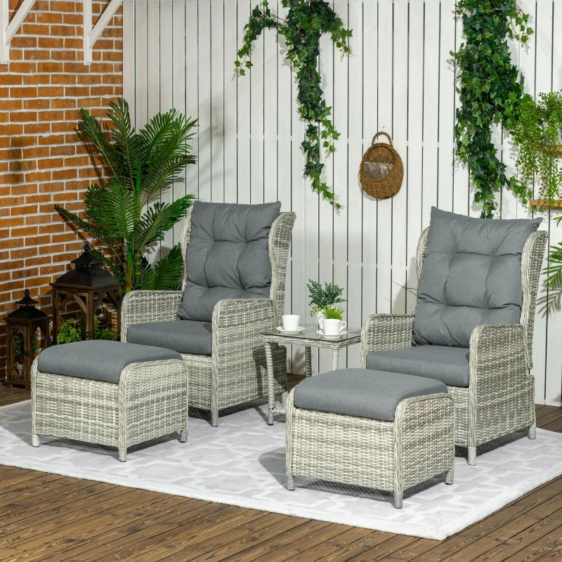 Mixed Grey 5 Piece Recliner Lounger Bistro Chairs with Glass Top Table and Footstools