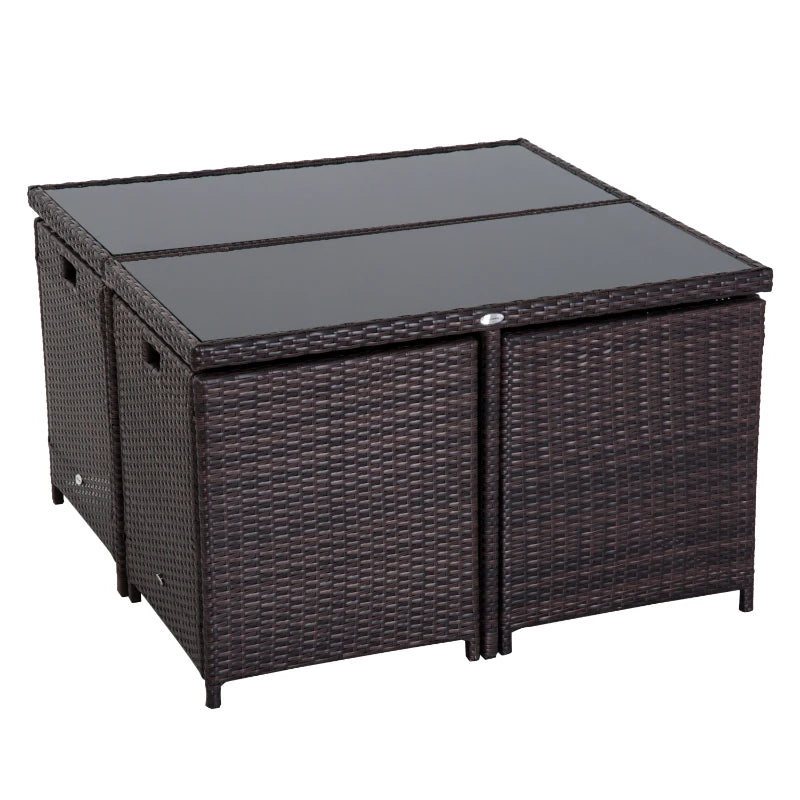 Brown Rattan Dining Set With Light Coloured Cushions & Table