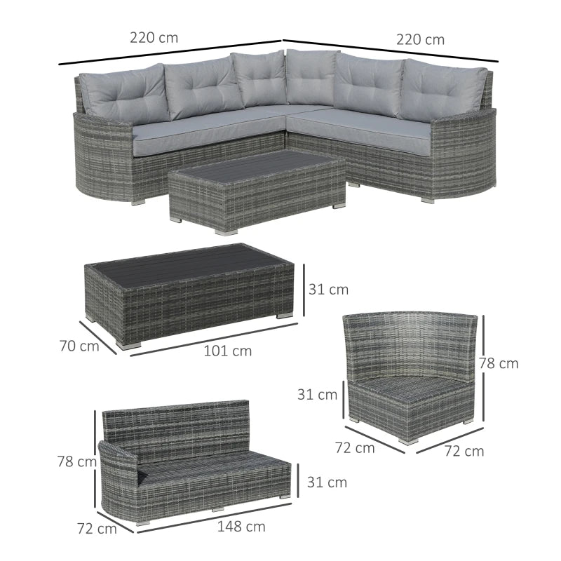 Grey 4 Seater Rattan Corner Sofa Set With Padded Cushions & Topper Coffee Table