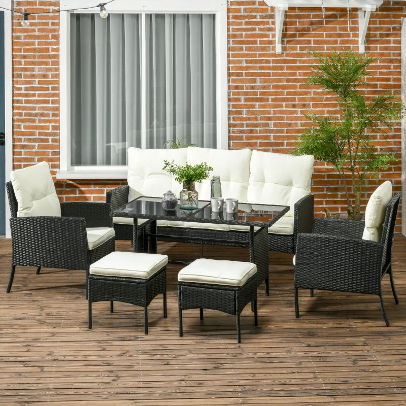 Black 6 Piece rattan Furniture Set - 2 Armchairs, 3-Seater Wicker Sofa, 2 Footstools and Glass Table