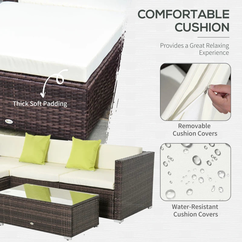 Brown L-Shaped 3 Seater Sofa With Beige Cushions and Glass Top Coffee Table