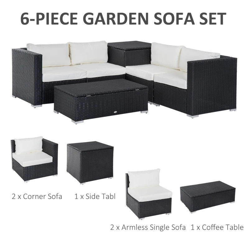 Black 4 Seater rattan Sofa With Cream Cushions And Storage Coffee Table