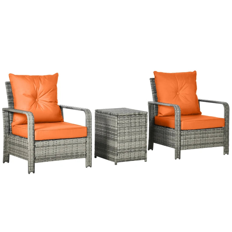 Mixed Grey Rattan Bistro Set With Orange Cushions and Storage Table
