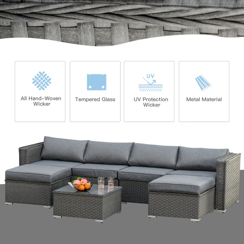 Grey 4 Seater Rattan Corner Sofa Set With Coffee Table and Footstools