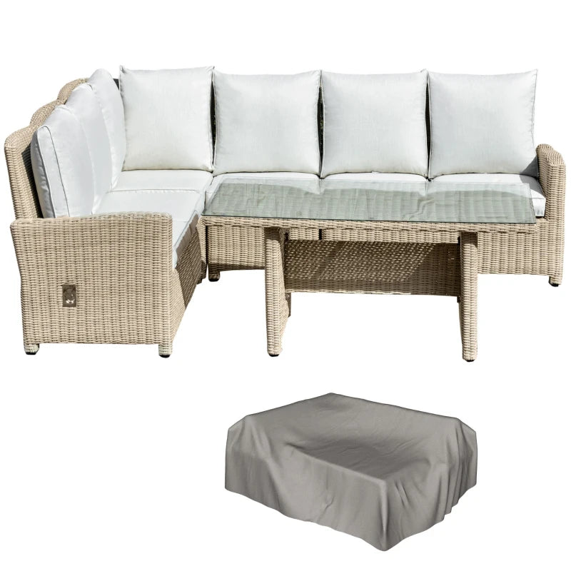 Light Brown 6-Seater Reclining Rattan Dining Set With Glass Table & Olefin Cushions