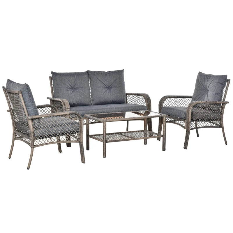 4 Piece Patio PE Rattan Wicker Sofa Set With Two Tier Coffee Table & Cushions