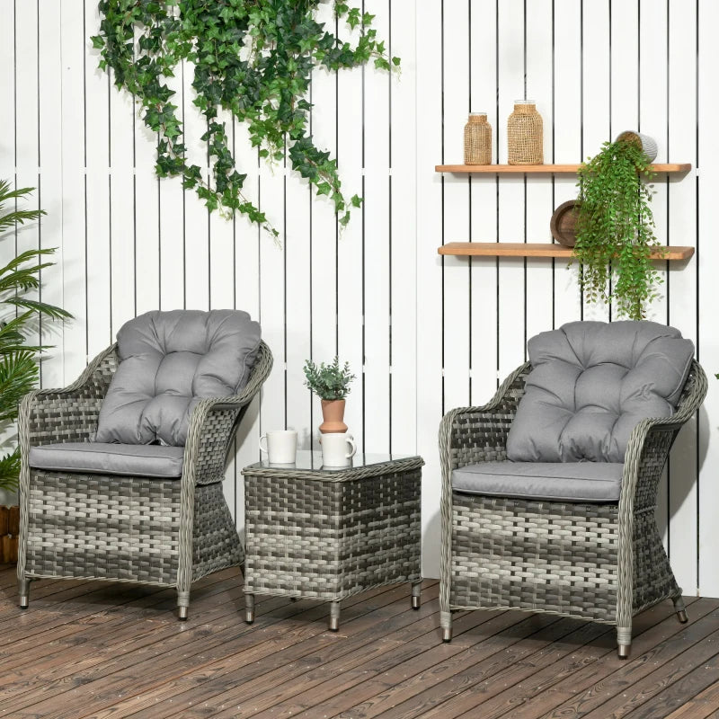 Curved Rattan Bistro Set | 2 Armchairs & Table With Cushions & Glass Tabletop