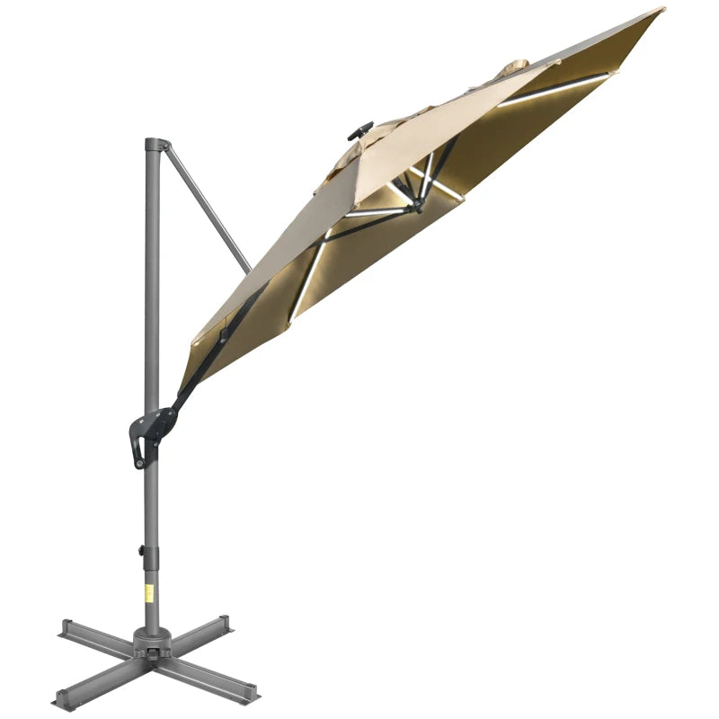 Khaki 3m Adjustable Parasol With LED Solar Lights