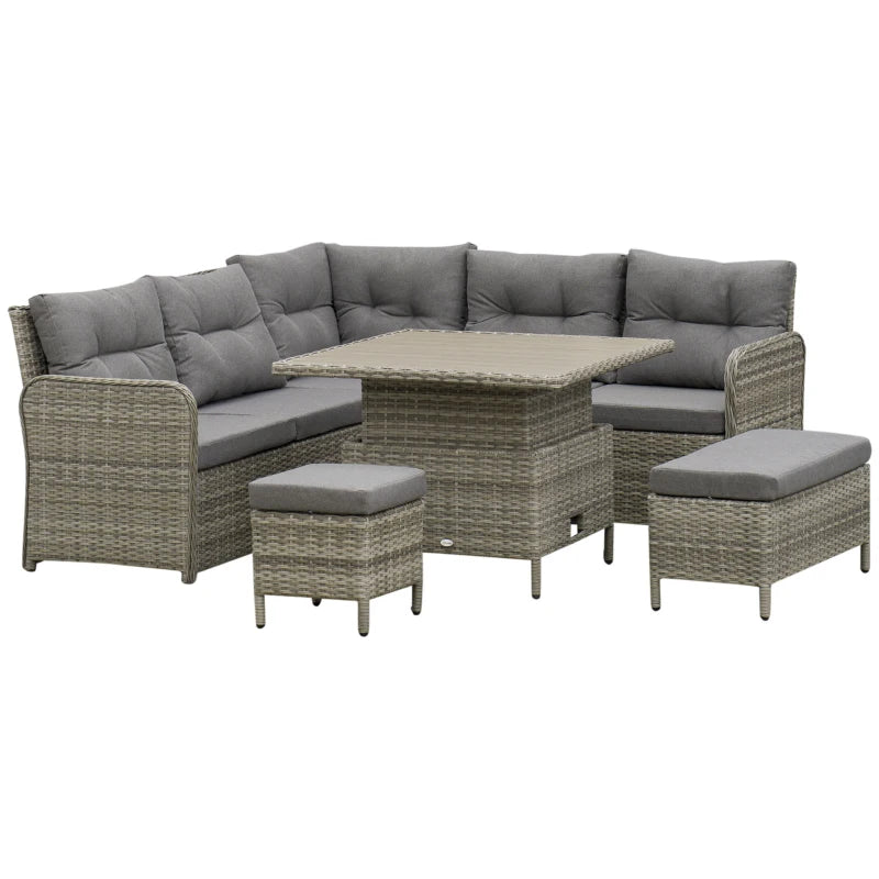 Grey 6 Piece Rattan Corner Sofa With Soft Padded Cushions & Liftable Coffee Table