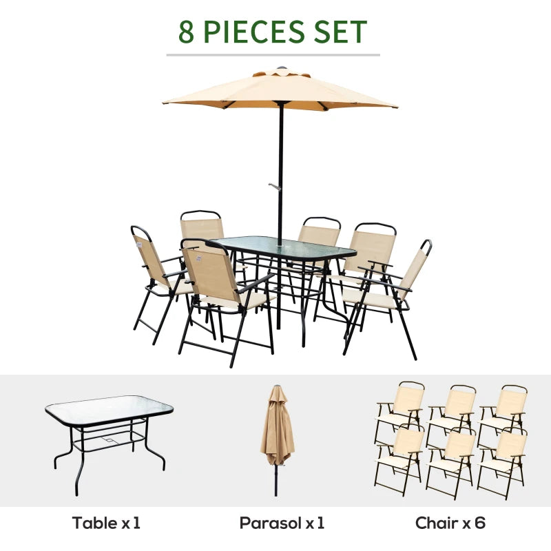 8 Piece Metal Dining Set With Beige Parasol