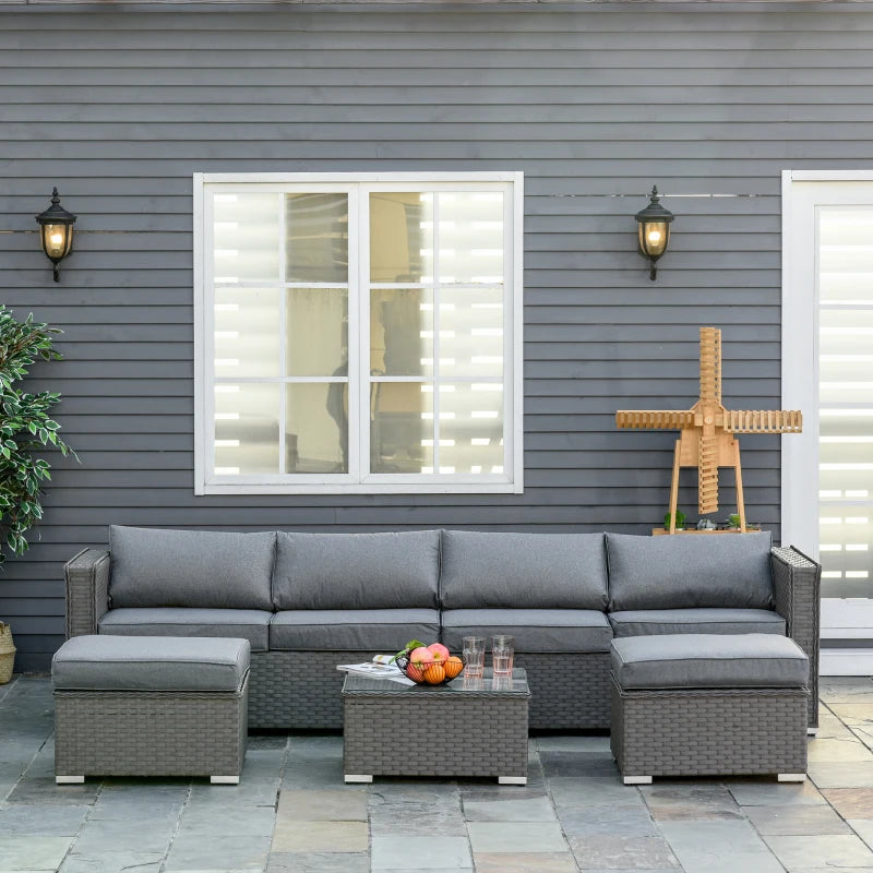 Grey 4 Seater Rattan Corner Sofa Set With Coffee Table and Footstools