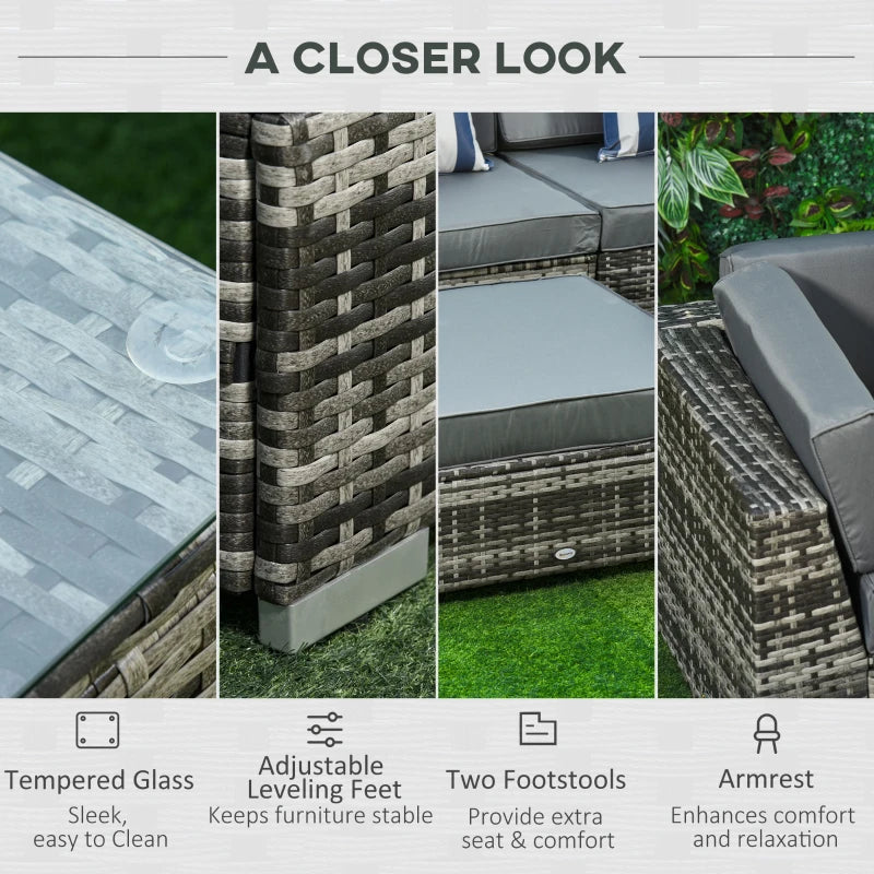 6 Piece Rattan Sofa & Coffee Table Set With Grey Pillow Cushions