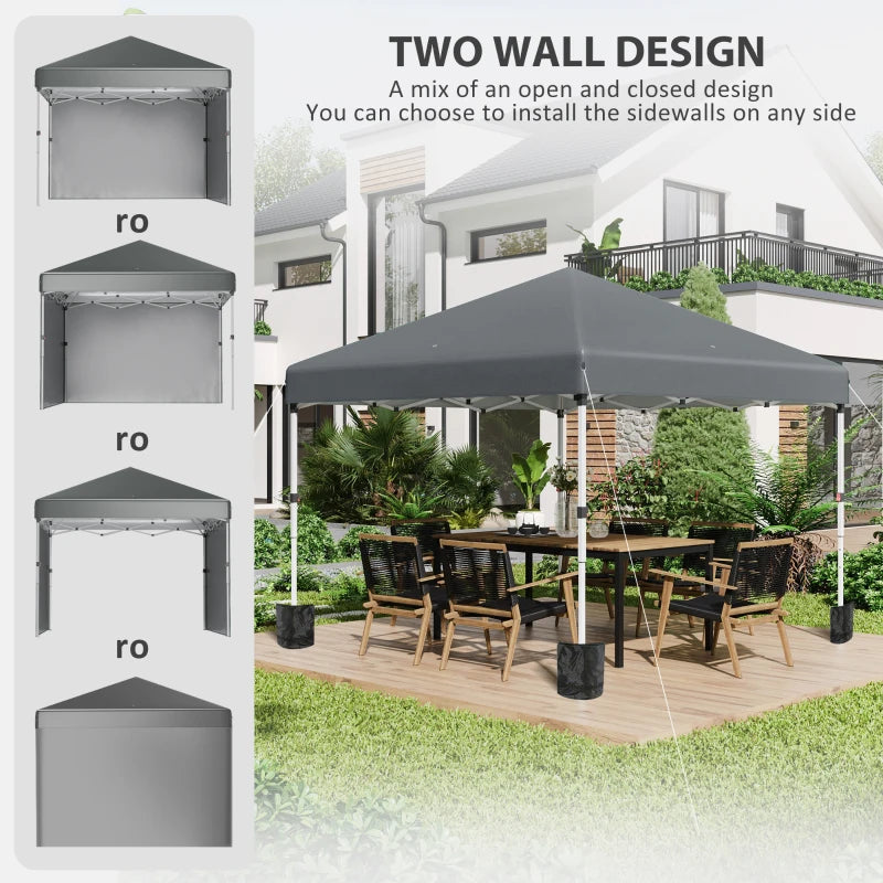 Dark Grey 3m x 3m Pop Up Gazebo with 2 Sidewalls, Leg Weight Bags and Carry Bag, Height Adjustable