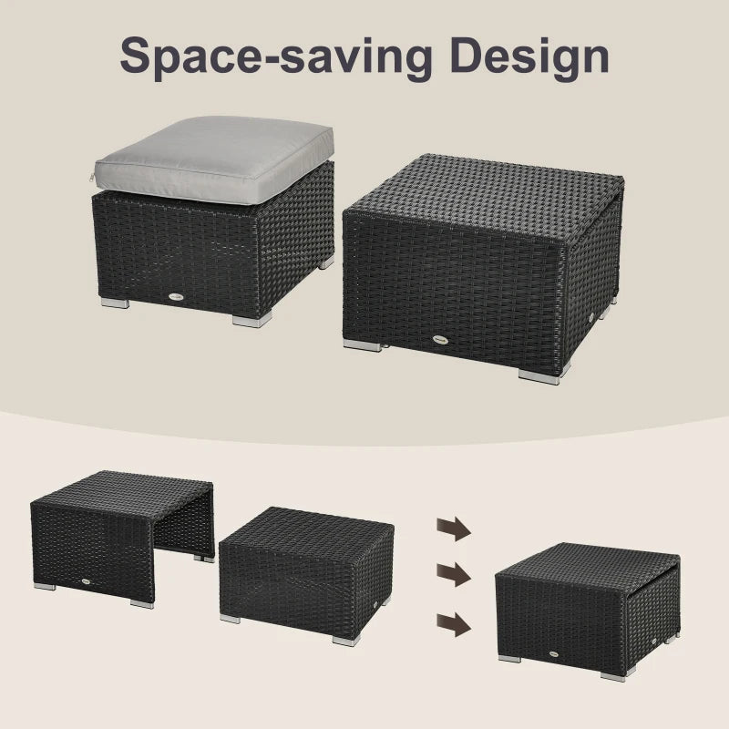 Black Rattan 6 Seater Sofa, 2 Footstools and 2 Coffee Tables