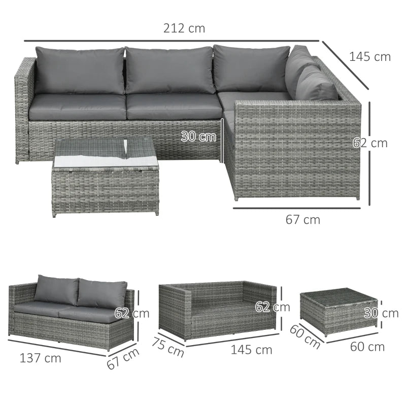 Grey 4 Seater Rattan Corner Sofa With Coffee Table and Thick Cushions