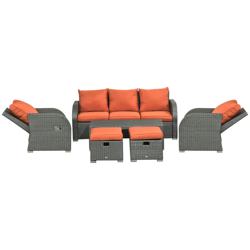 3-Seater Orange Cushioned Rattan Sofa With 2 Armchairs and 2 Footstools + Coffee Table