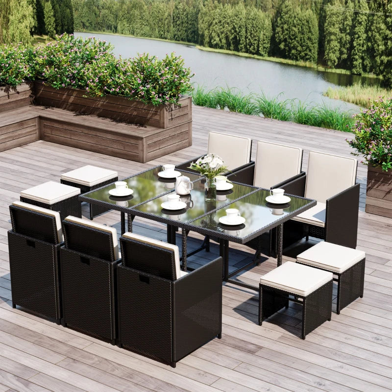 Black 11 Piece Rattan Dining Set With White Cushions