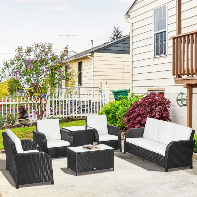 Black 7 Seater Rattan Furniture Set with Wicker Sofa, Reclining Armchair and Glass Table