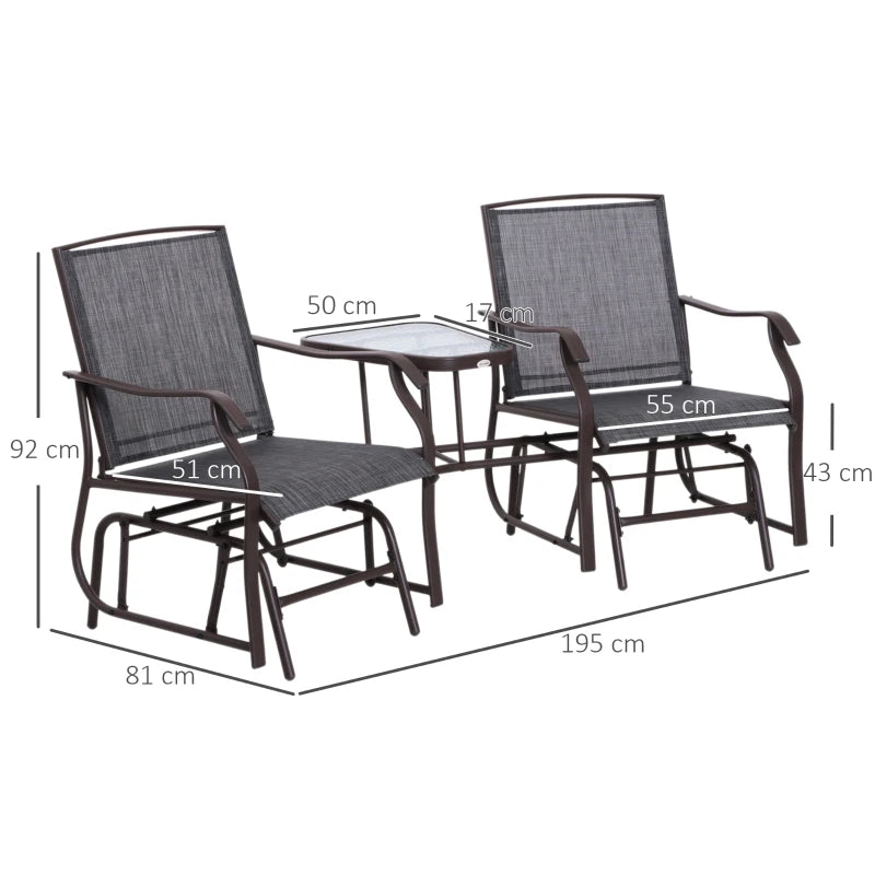 Pair of Rocking Chairs with Table & Breathable Mesh Fabric Seat - Brown Frame & Grey Mesh