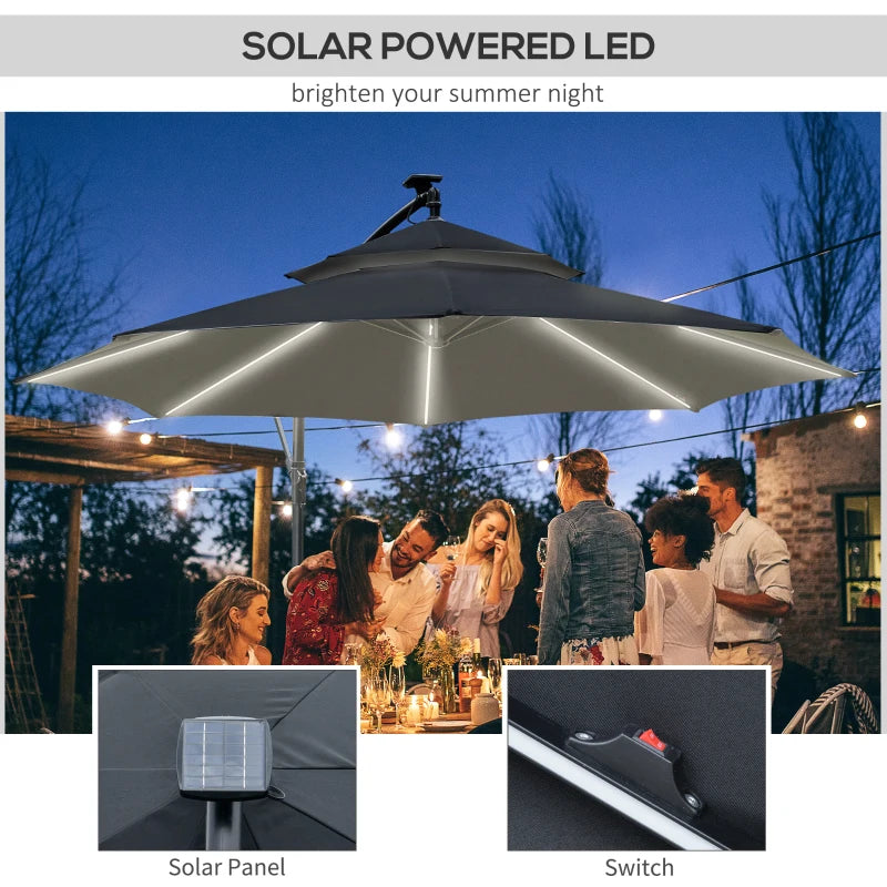 Black 3m Parasol With LED Solar Lights